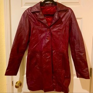 Leather Jacket Real Long Burgundy Women 4-6 Medium